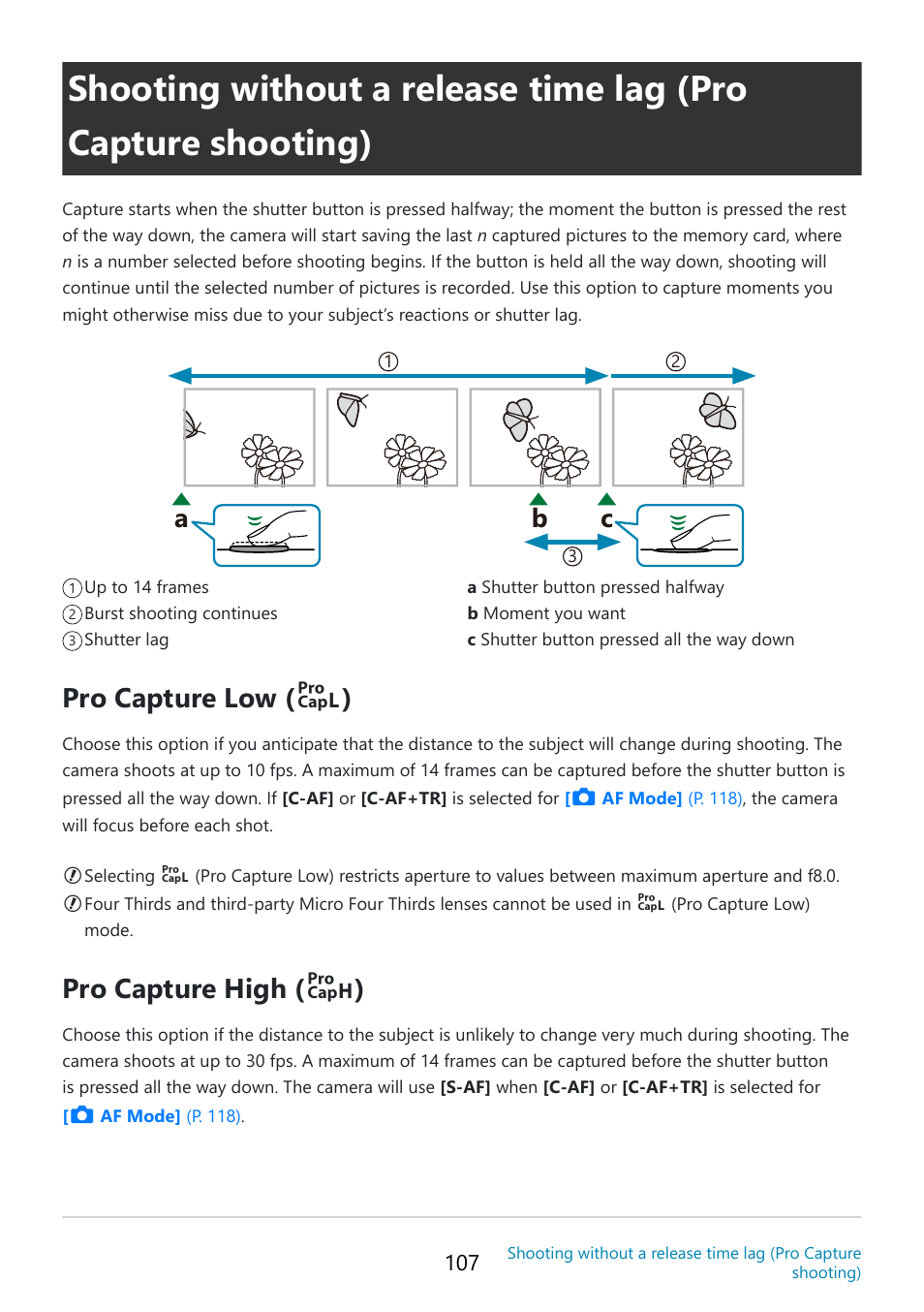 P. 107, Way down, Pro capture low | Pro capture high, Ab c | OM SYSTEM OM-5 Mirrorless Camera with 12-45mm f/4 PRO Lens (Silver) User Manual | Page 107 / 467