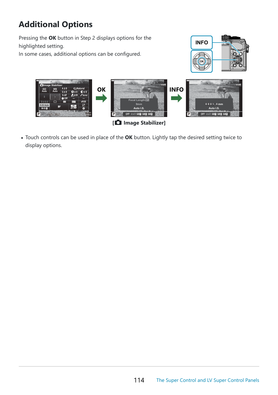 Additional options, Ok info, The super control and lv super control panels | OM SYSTEM OM-5 Mirrorless Camera with 12-45mm f/4 PRO Lens (Silver) User Manual | Page 114 / 467