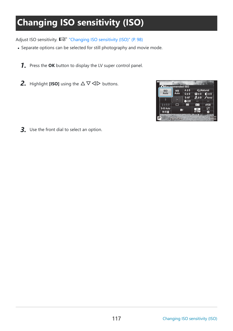 Changing iso sensitivity (iso), P. 117, Iso sensitivity | Fghi, Highlight [iso] using the, Buttons, Adjust iso sensitivity | OM SYSTEM OM-5 Mirrorless Camera with 12-45mm f/4 PRO Lens (Silver) User Manual | Page 117 / 467