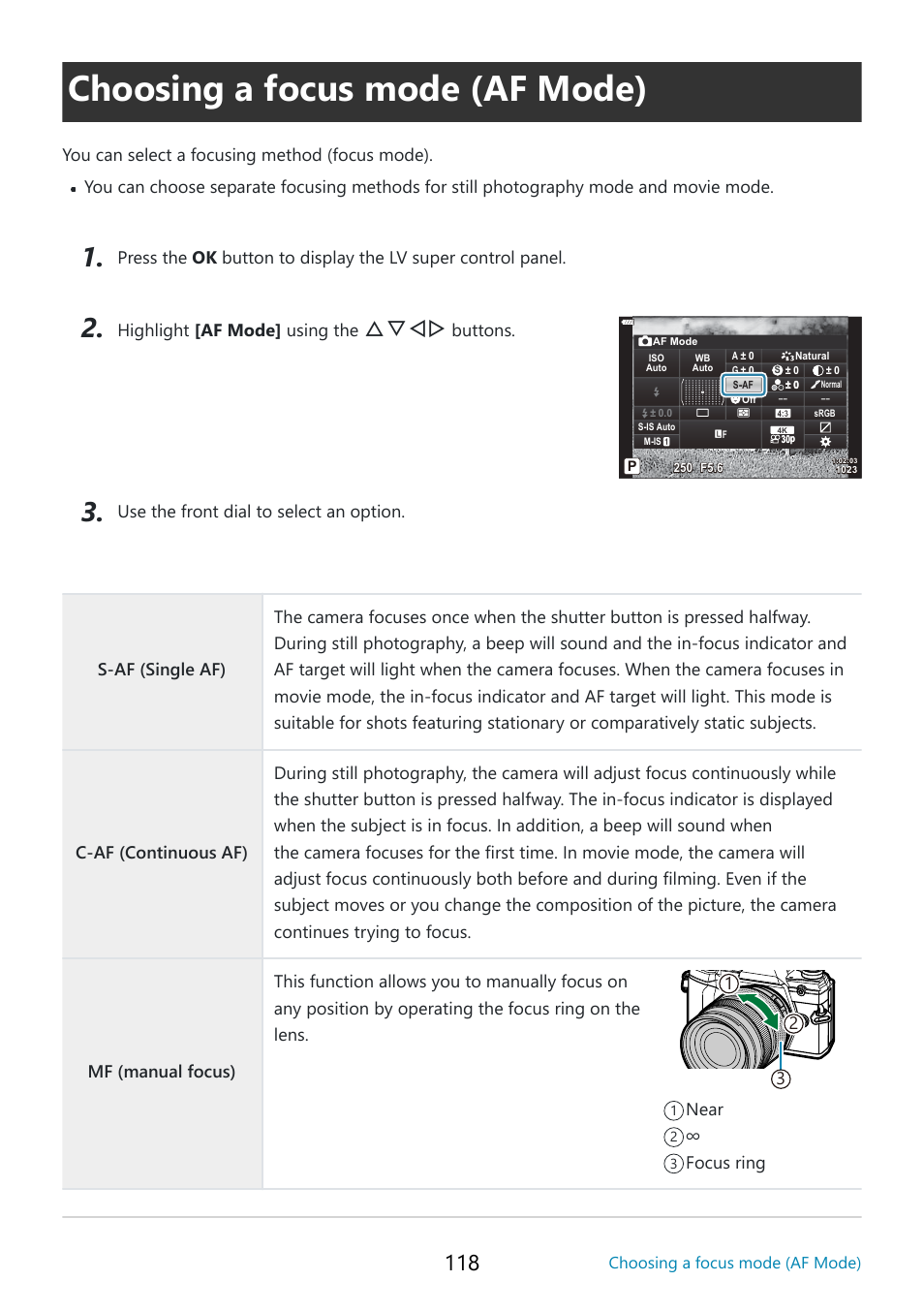 Choosing a focus mode (af mode), Af mode, P. 118 | Mode, Choosing a focus mode (af, Mode) (p. 118), Af mode] (p. 118), Is chosen for, Mode] (p. 118), The camera | OM SYSTEM OM-5 Mirrorless Camera with 12-45mm f/4 PRO Lens (Silver) User Manual | Page 118 / 467