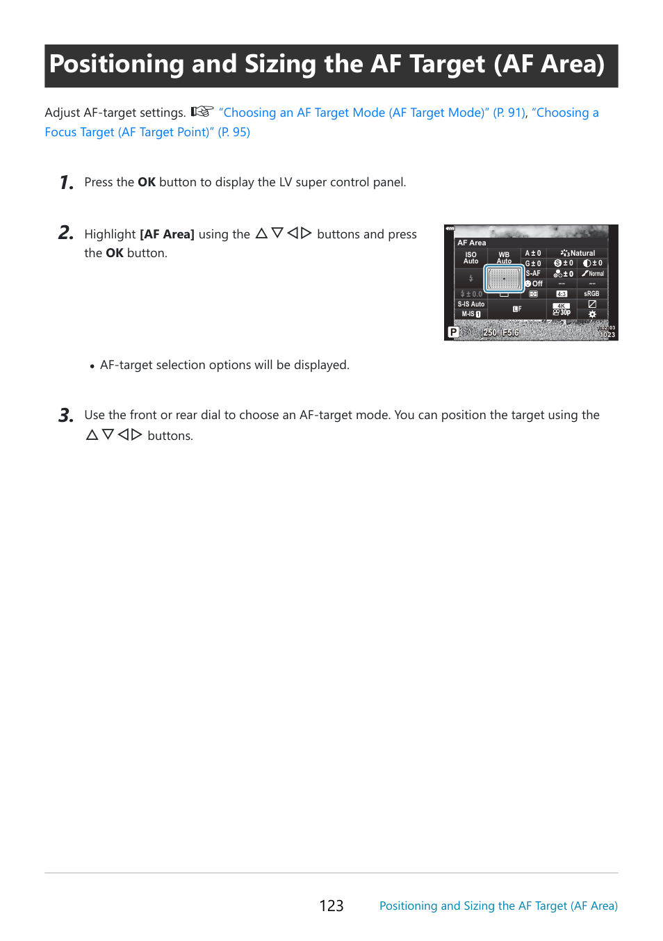 Positioning and sizing the af target (af area), P. 123, Fghi | Highlight [af area] using the, Buttons and press the ok button, Adjust af-target settings, Buttons | OM SYSTEM OM-5 Mirrorless Camera with 12-45mm f/4 PRO Lens (Silver) User Manual | Page 123 / 467