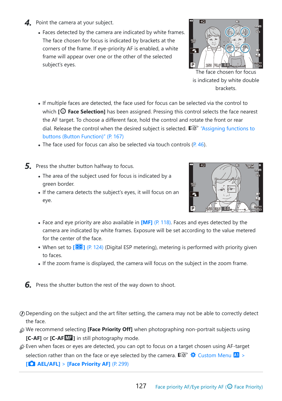 Cb b, Custom menu, Ael/afl] > [face priority af] (p. 299) | OM SYSTEM OM-5 Mirrorless Camera with 12-45mm f/4 PRO Lens (Silver) User Manual | Page 127 / 467