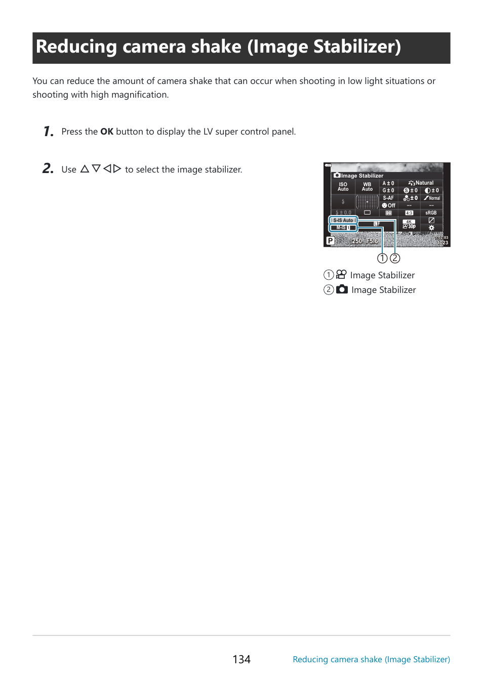 Reducing camera shake (image stabilizer), P. 134, Image stabilizer] (p. 134) | Ed for, Image stabilizer, Fghi | OM SYSTEM OM-5 Mirrorless Camera with 12-45mm f/4 PRO Lens (Silver) User Manual | Page 134 / 467