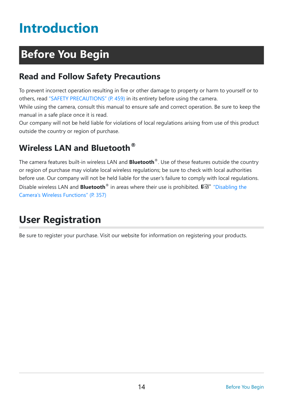 Introduction, Before you begin, User registration | Read and follow safety precautions, Wireless lan and bluetooth | OM SYSTEM OM-5 Mirrorless Camera with 12-45mm f/4 PRO Lens (Silver) User Manual | Page 14 / 467