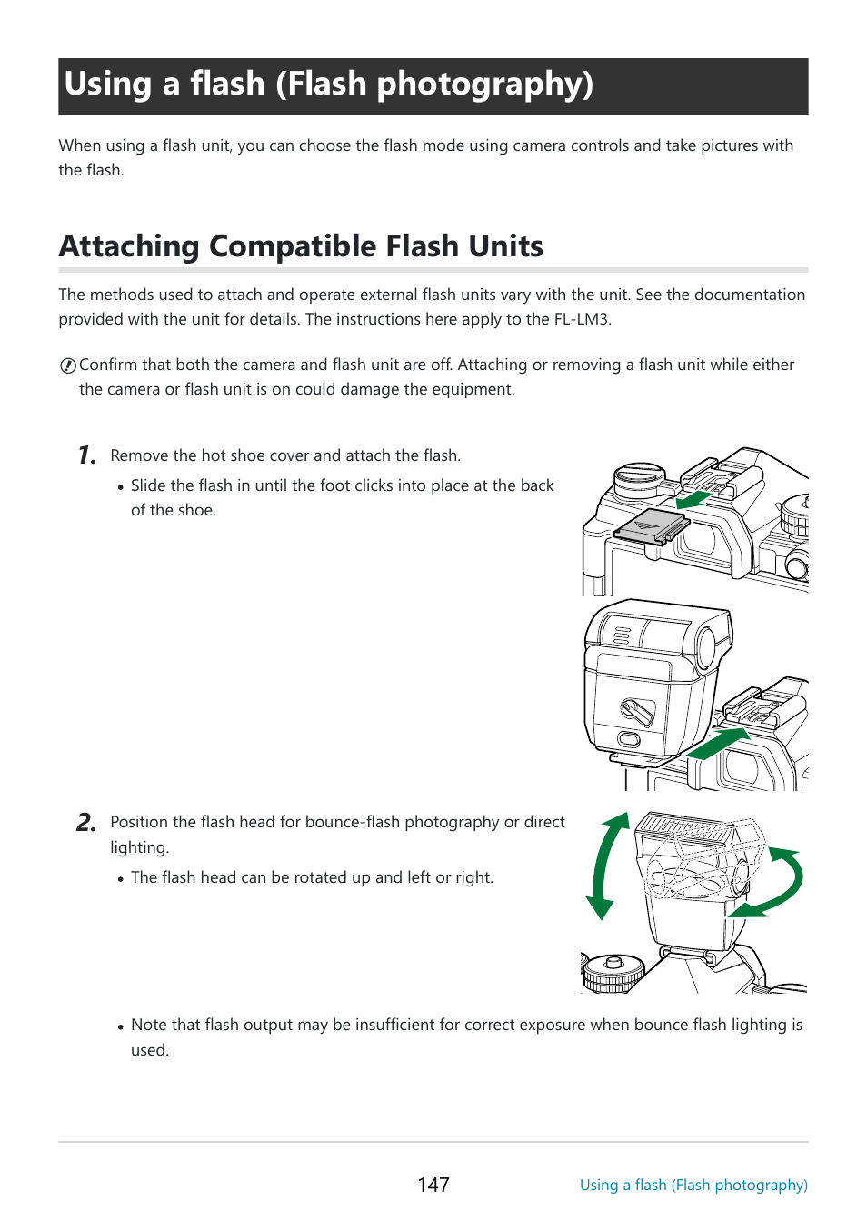 Using a flash (flash photography), Attaching compatible flash units, P. 147 | OM SYSTEM OM-5 Mirrorless Camera with 12-45mm f/4 PRO Lens (Silver) User Manual | Page 147 / 467