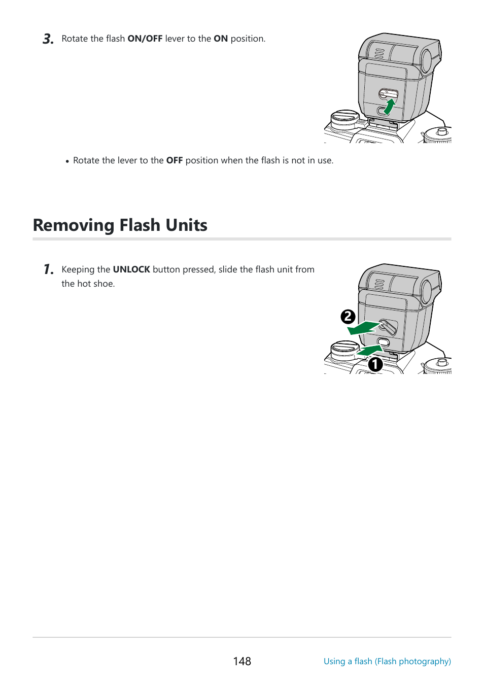 Removing flash units | OM SYSTEM OM-5 Mirrorless Camera with 12-45mm f/4 PRO Lens (Silver) User Manual | Page 148 / 467