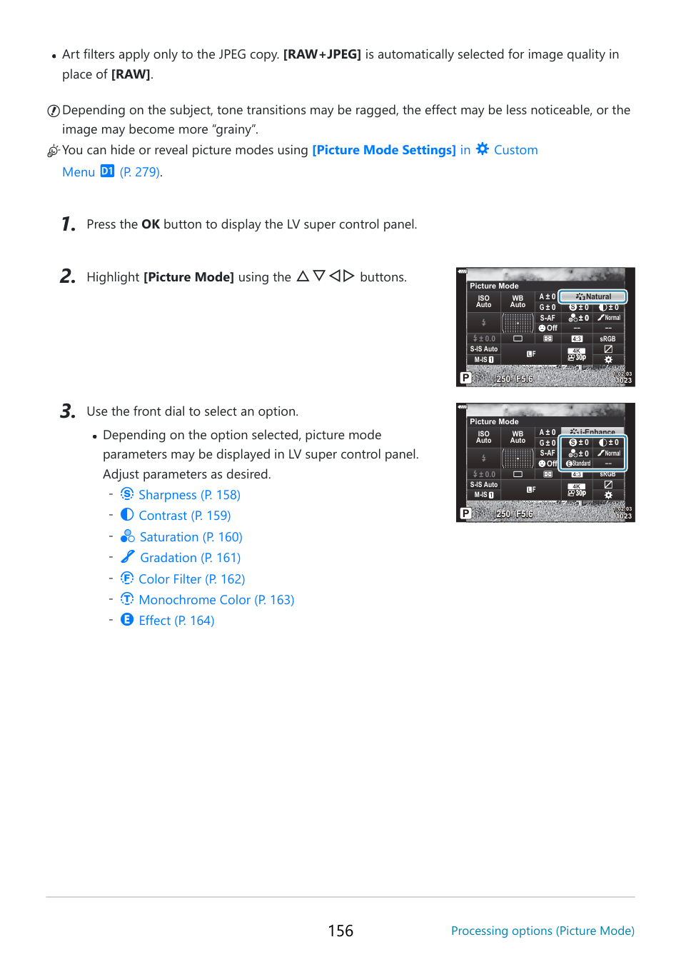 Fghi, Highlight [picture mode] using the, Buttons | Sharpness (p. 158), Contrast (p. 159), Saturation (p. 160), Gradation (p. 161), Color filter (p. 162), Monochrome color (p. 163), Effect (p. 164) | OM SYSTEM OM-5 Mirrorless Camera with 12-45mm f/4 PRO Lens (Silver) User Manual | Page 156 / 467