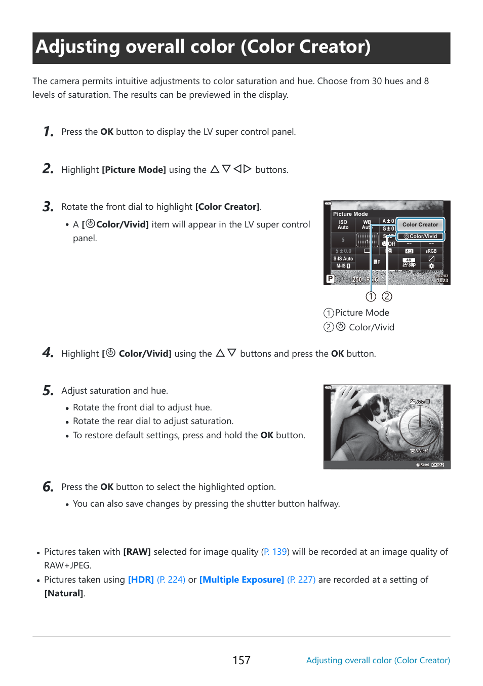 Adjusting overall color (color creator), P. 157, Fghi | OM SYSTEM OM-5 Mirrorless Camera with 12-45mm f/4 PRO Lens (Silver) User Manual | Page 157 / 467