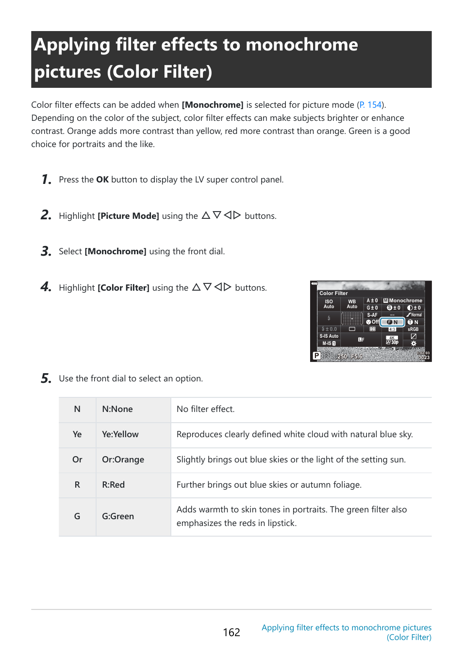 P. 162, Color filter (p. 162), Fghi | OM SYSTEM OM-5 Mirrorless Camera with 12-45mm f/4 PRO Lens (Silver) User Manual | Page 162 / 467