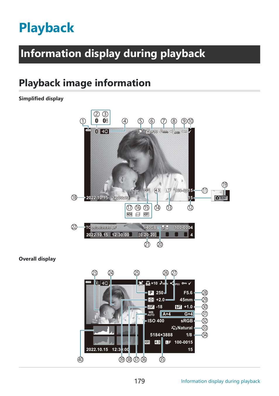 Playback, Information display during playback, Playback image information | P. 179 | OM SYSTEM OM-5 Mirrorless Camera with 12-45mm f/4 PRO Lens (Silver) User Manual | Page 179 / 467