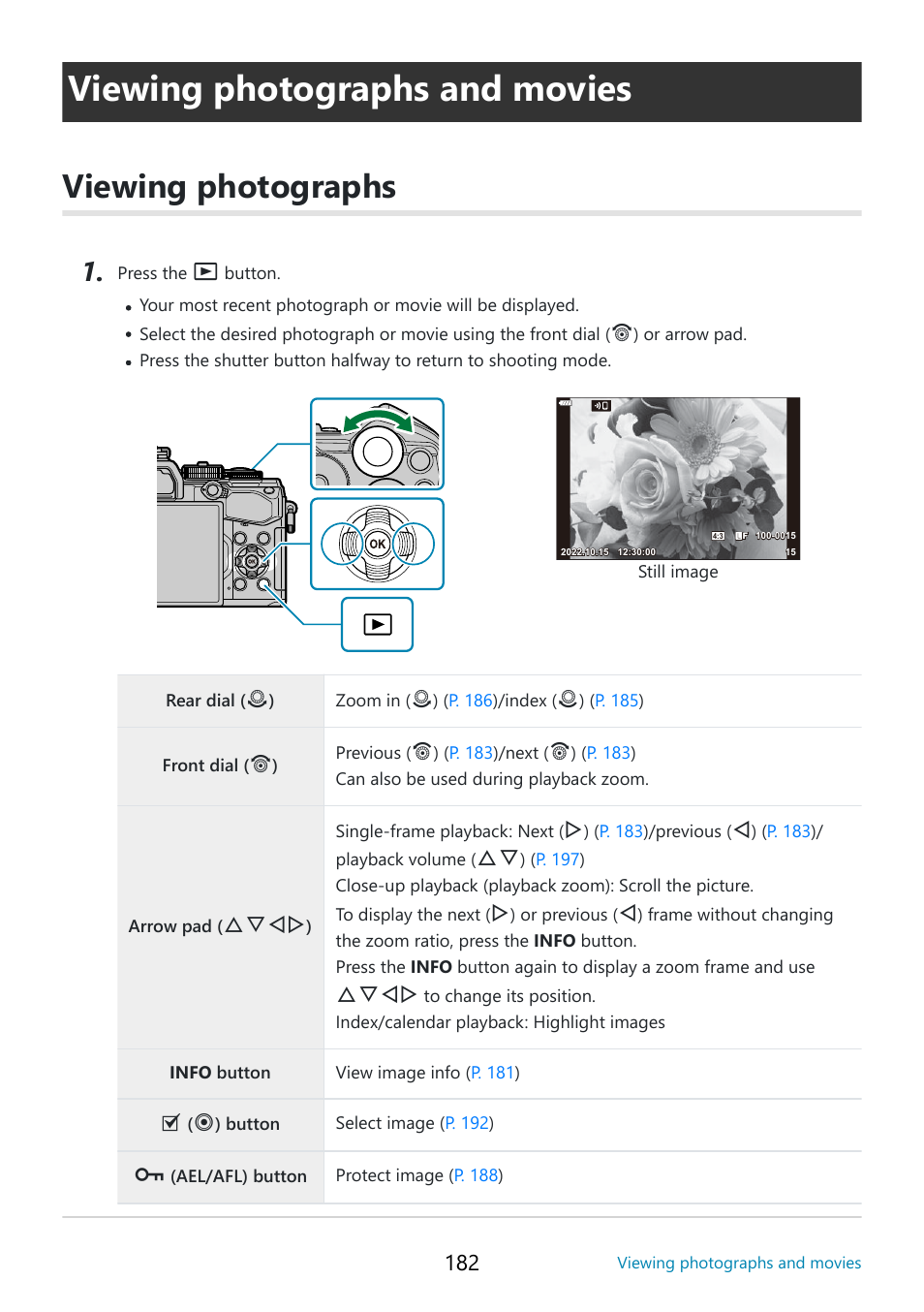 Viewing photographs and movies, Viewing photographs, P. 182 | Fghi | OM SYSTEM OM-5 Mirrorless Camera with 12-45mm f/4 PRO Lens (Silver) User Manual | Page 182 / 467