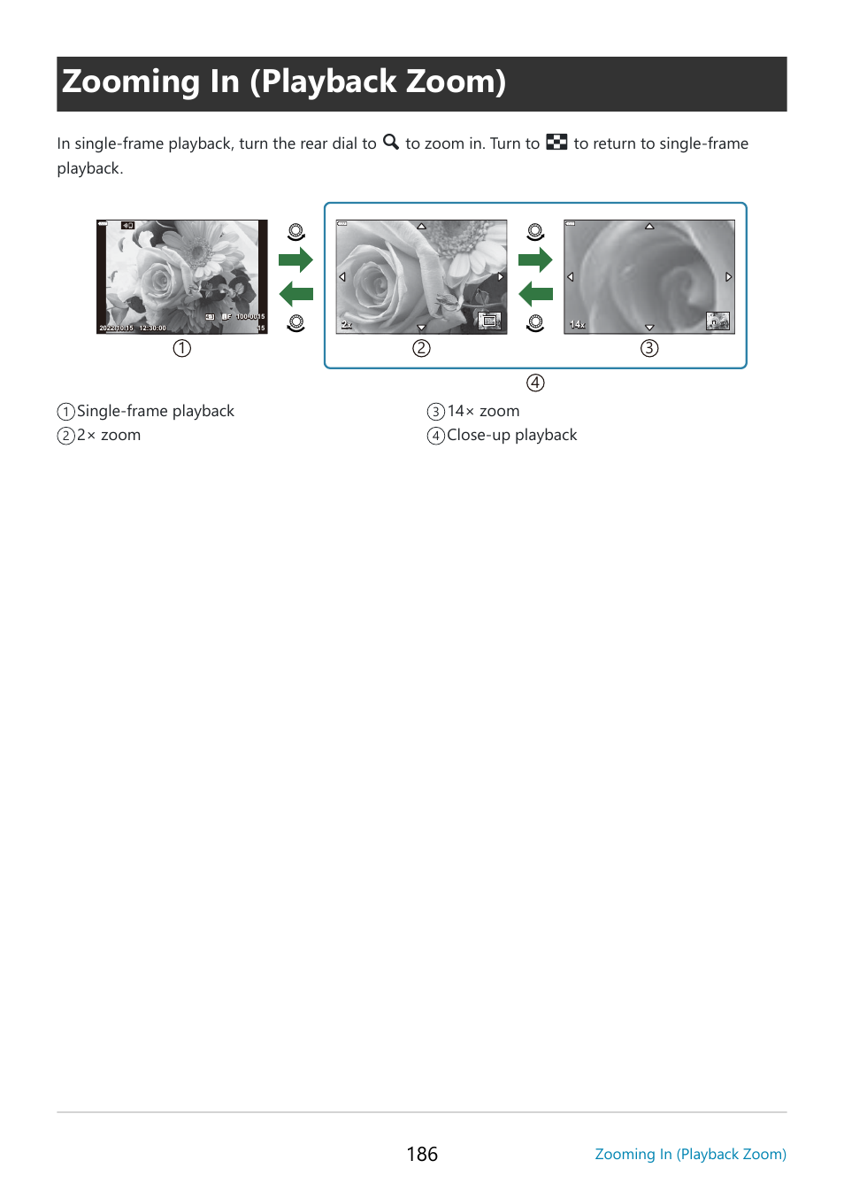 Zooming in (playback zoom), P. 186, Index | No n o | OM SYSTEM OM-5 Mirrorless Camera with 12-45mm f/4 PRO Lens (Silver) User Manual | Page 186 / 467