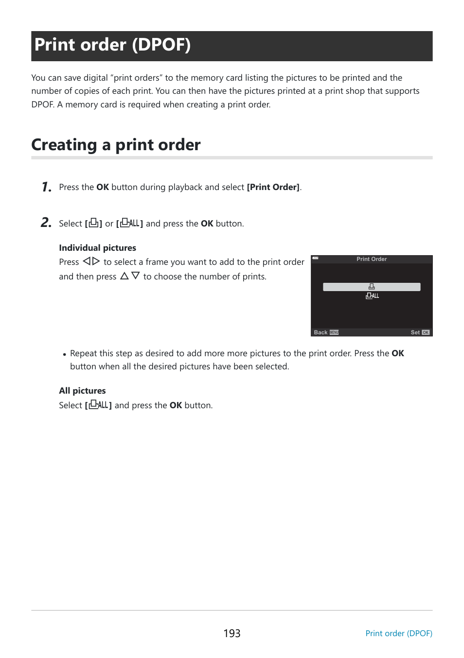 Print order (dpof), Creating a print order, F prints | P. 193 | OM SYSTEM OM-5 Mirrorless Camera with 12-45mm f/4 PRO Lens (Silver) User Manual | Page 193 / 467