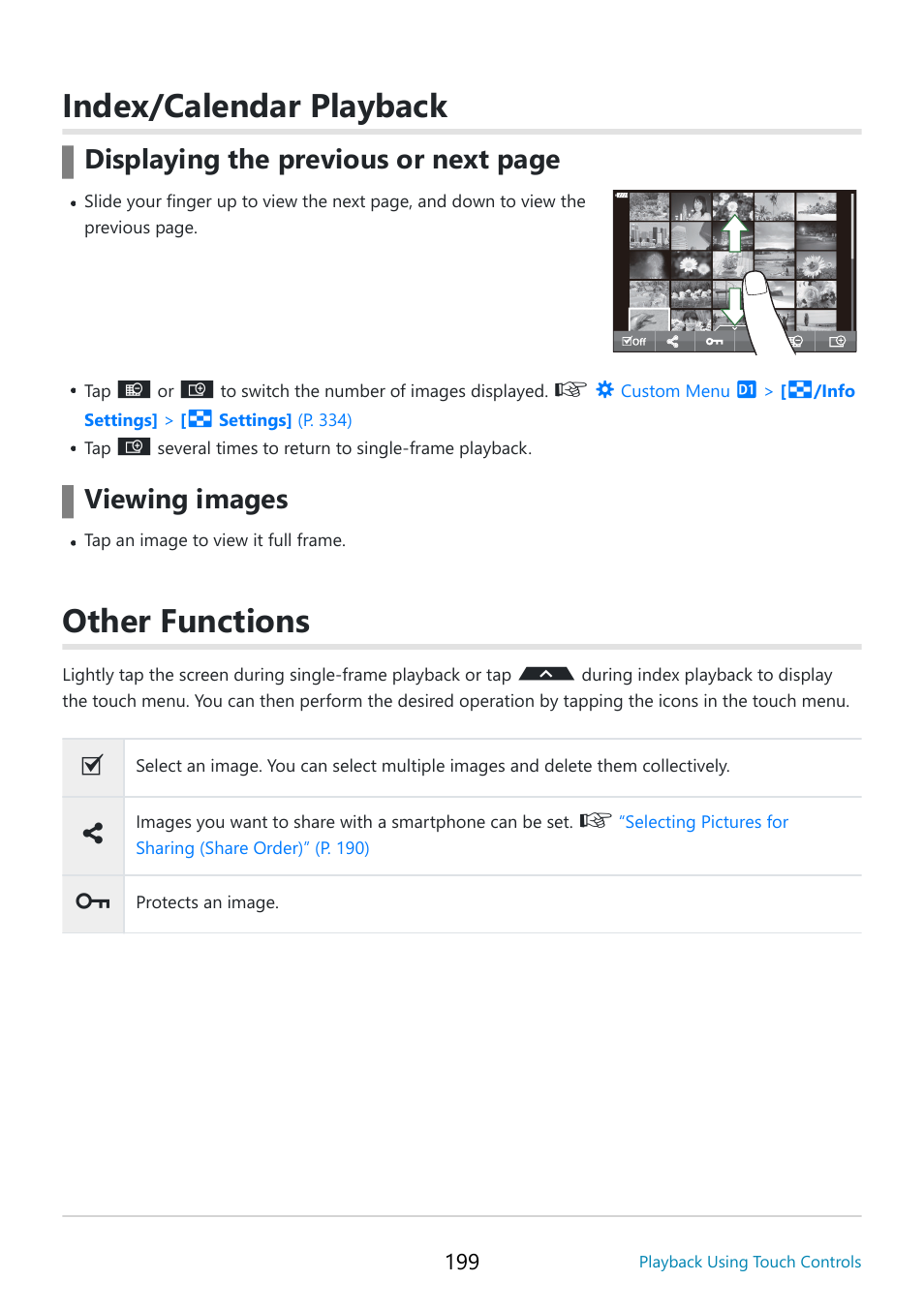 Index/calendar playback, Other functions, Displaying the previous or next page | Viewing images | OM SYSTEM OM-5 Mirrorless Camera with 12-45mm f/4 PRO Lens (Silver) User Manual | Page 199 / 467