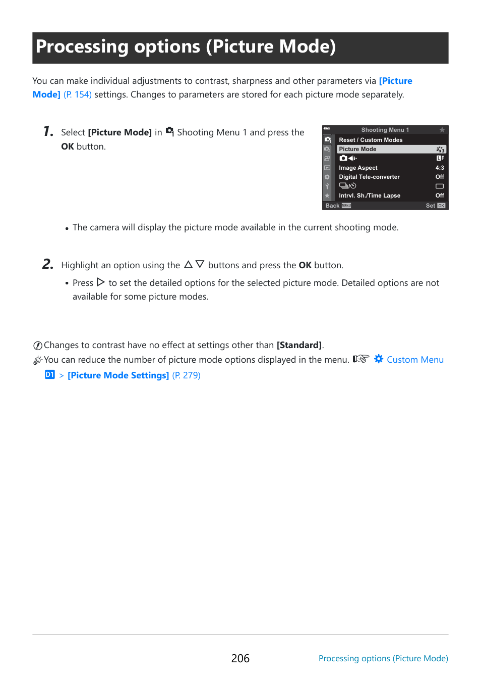 Processing options (picture mode), P. 206 | OM SYSTEM OM-5 Mirrorless Camera with 12-45mm f/4 PRO Lens (Silver) User Manual | Page 206 / 467