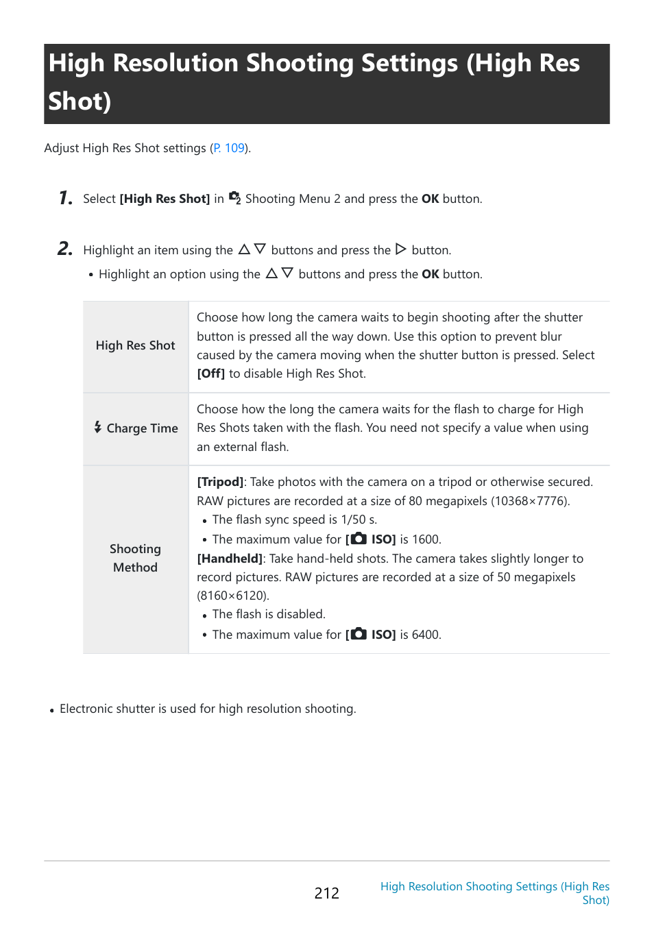 High resolution shooting settings (high res shot), High, Res shot] > [shooting method] in | Shooting, Menu 2 (p. 212), P. 212 | OM SYSTEM OM-5 Mirrorless Camera with 12-45mm f/4 PRO Lens (Silver) User Manual | Page 212 / 467