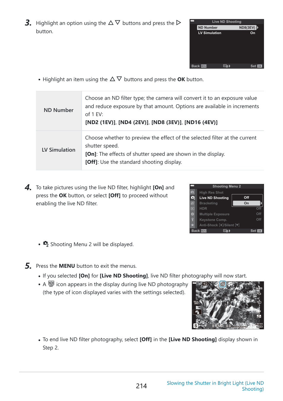 Highlight an option using the, Buttons and press the, Button | Highlight an item using the | OM SYSTEM OM-5 Mirrorless Camera with 12-45mm f/4 PRO Lens (Silver) User Manual | Page 214 / 467