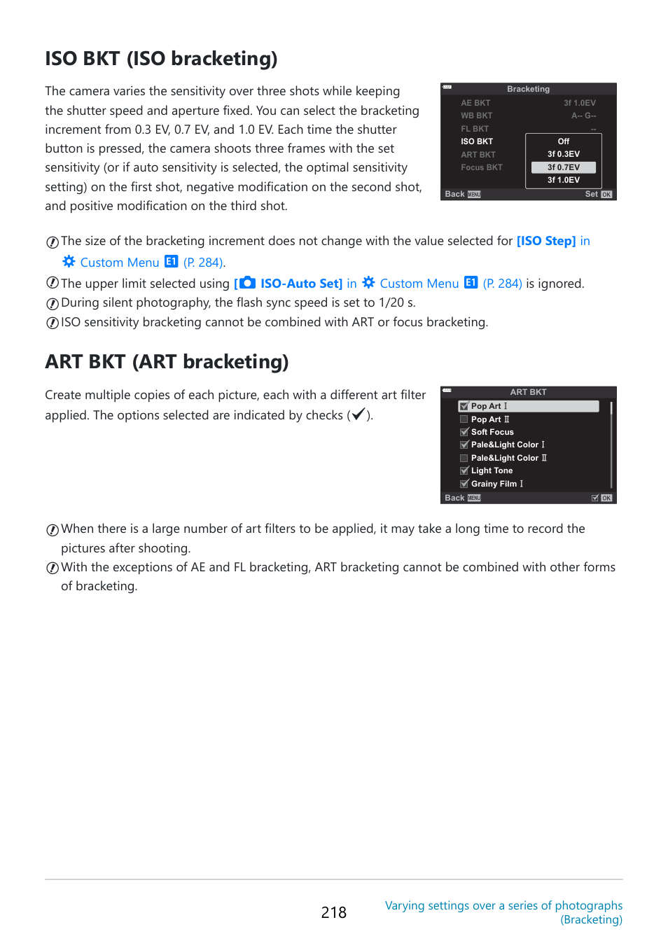 Iso bkt (iso bracketing), Art bkt (art bracketing), Cc c c c | OM SYSTEM OM-5 Mirrorless Camera with 12-45mm f/4 PRO Lens (Silver) User Manual | Page 218 / 467