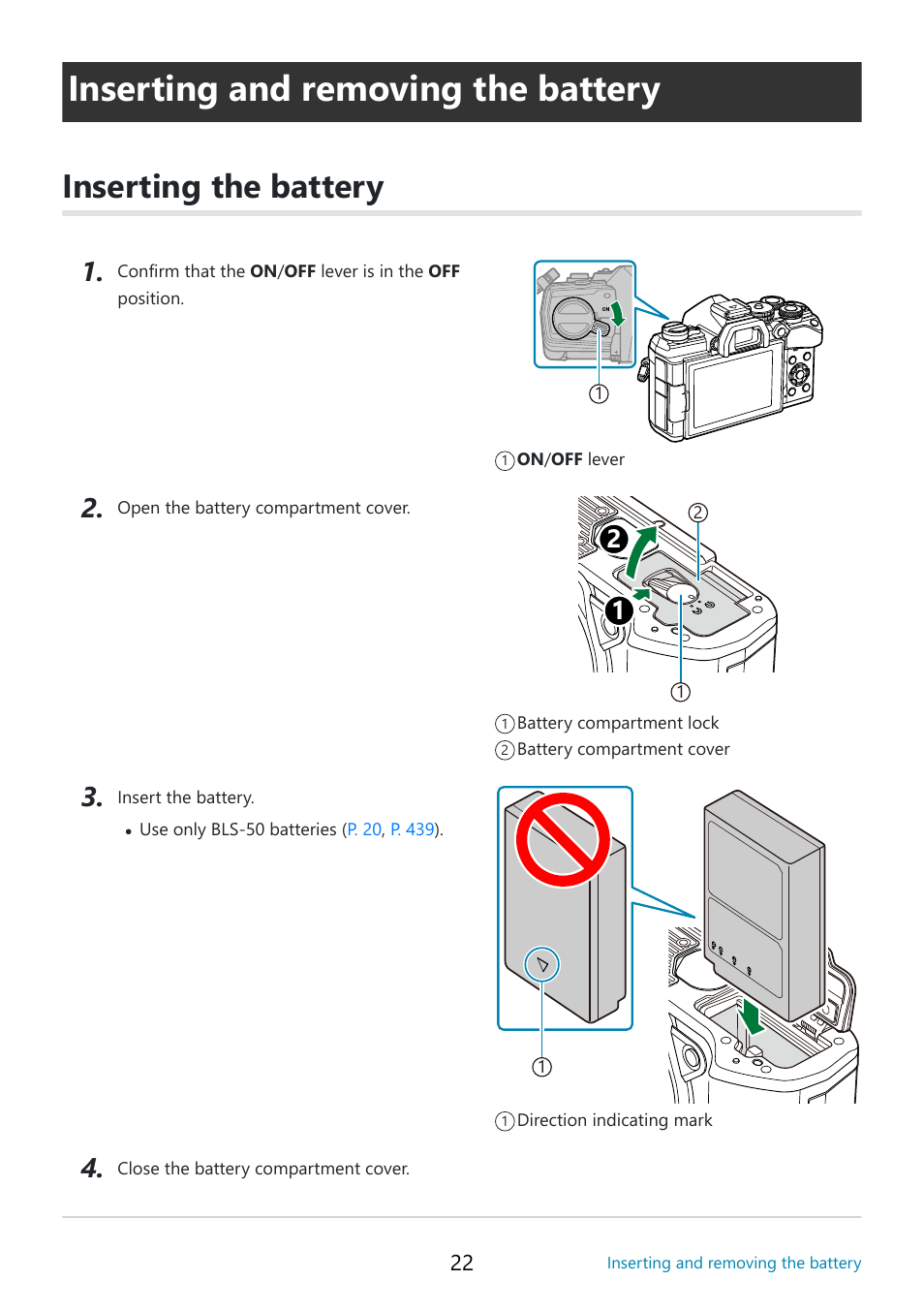 Inserting and removing the battery, Inserting the battery, P. 22 | OM SYSTEM OM-5 Mirrorless Camera with 12-45mm f/4 PRO Lens (Silver) User Manual | Page 22 / 467