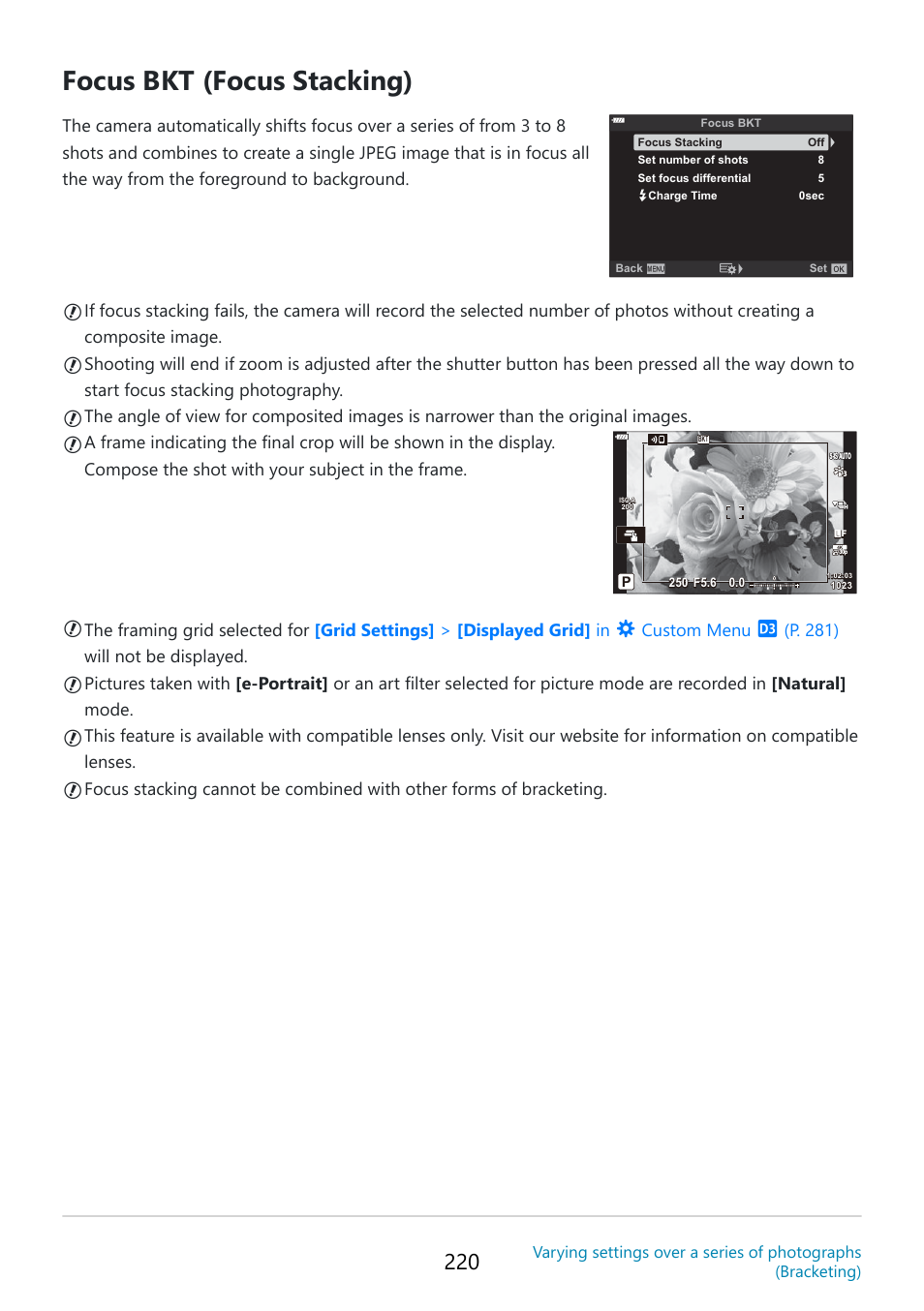 Focus bkt (focus stacking), Custom menu | OM SYSTEM OM-5 Mirrorless Camera with 12-45mm f/4 PRO Lens (Silver) User Manual | Page 220 / 467