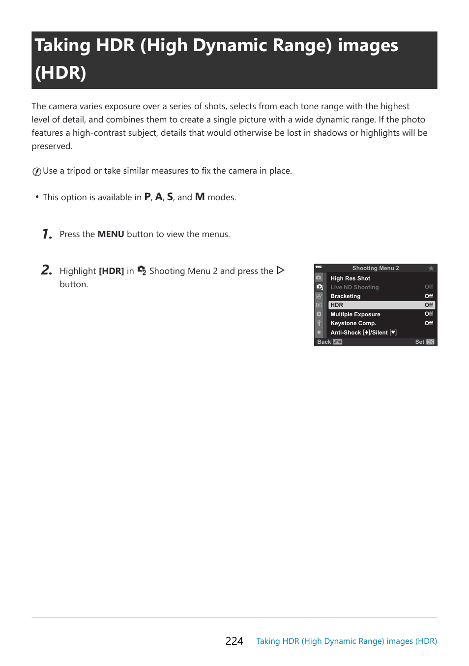 Taking hdr (high dynamic range) images (hdr), P. 224, En using | Hdr] (p. 224), O enable hdr, And again t | OM SYSTEM OM-5 Mirrorless Camera with 12-45mm f/4 PRO Lens (Silver) User Manual | Page 224 / 467