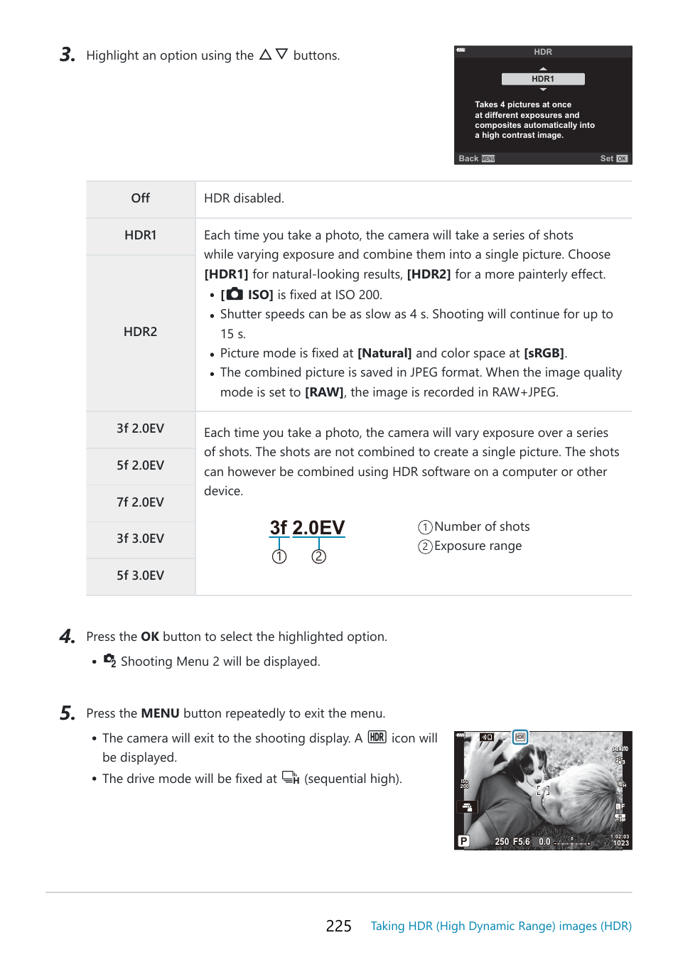 3f 2.0ev | OM SYSTEM OM-5 Mirrorless Camera with 12-45mm f/4 PRO Lens (Silver) User Manual | Page 225 / 467