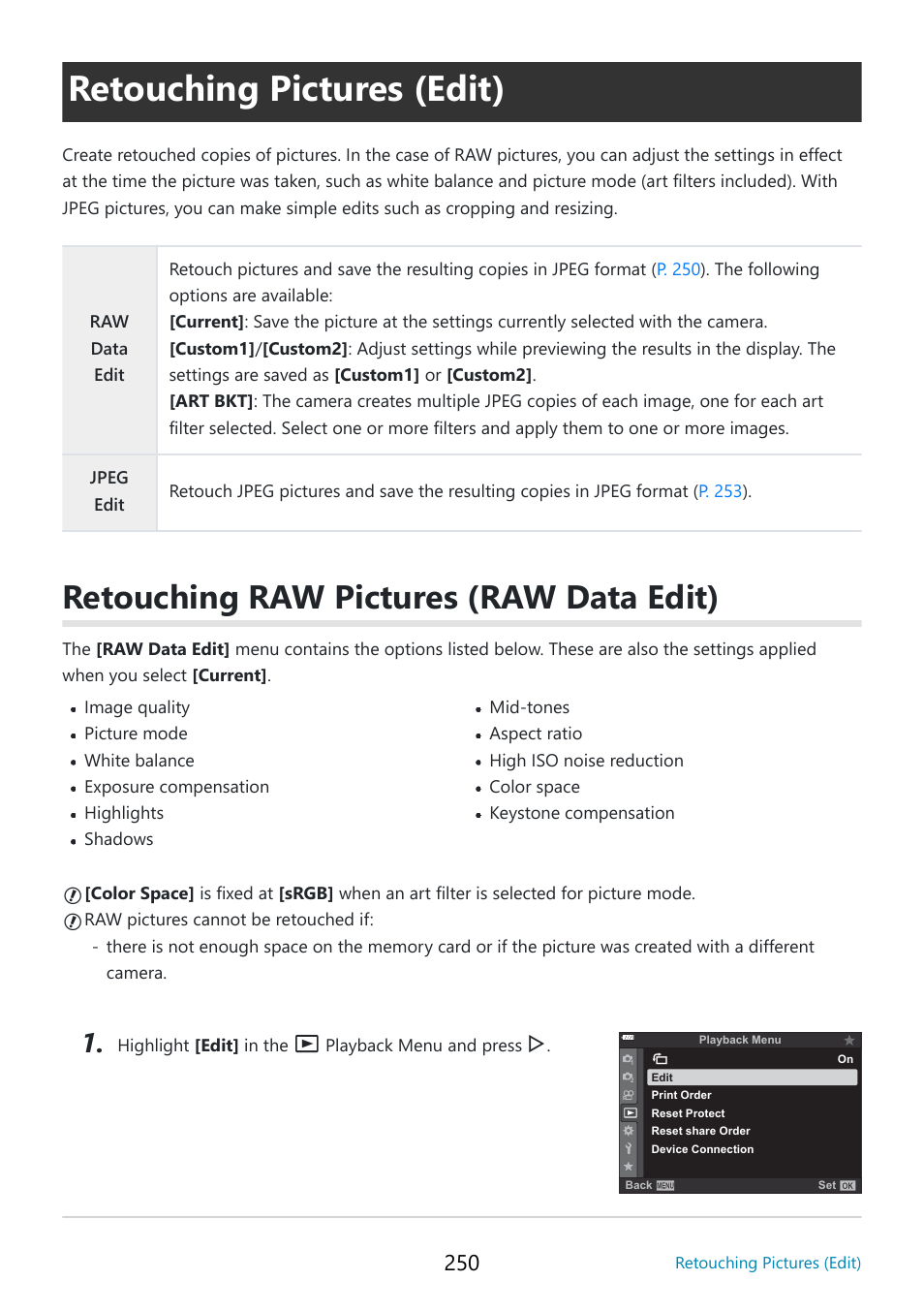 Retouching pictures (edit), Retouching raw pictures (raw data edit), Edit | P. 250 | OM SYSTEM OM-5 Mirrorless Camera with 12-45mm f/4 PRO Lens (Silver) User Manual | Page 250 / 467