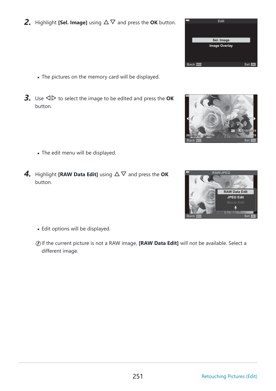 Highlight [sel. image] using, And press the ok button, Highlight [raw data edit] using | OM SYSTEM OM-5 Mirrorless Camera with 12-45mm f/4 PRO Lens (Silver) User Manual | Page 251 / 467