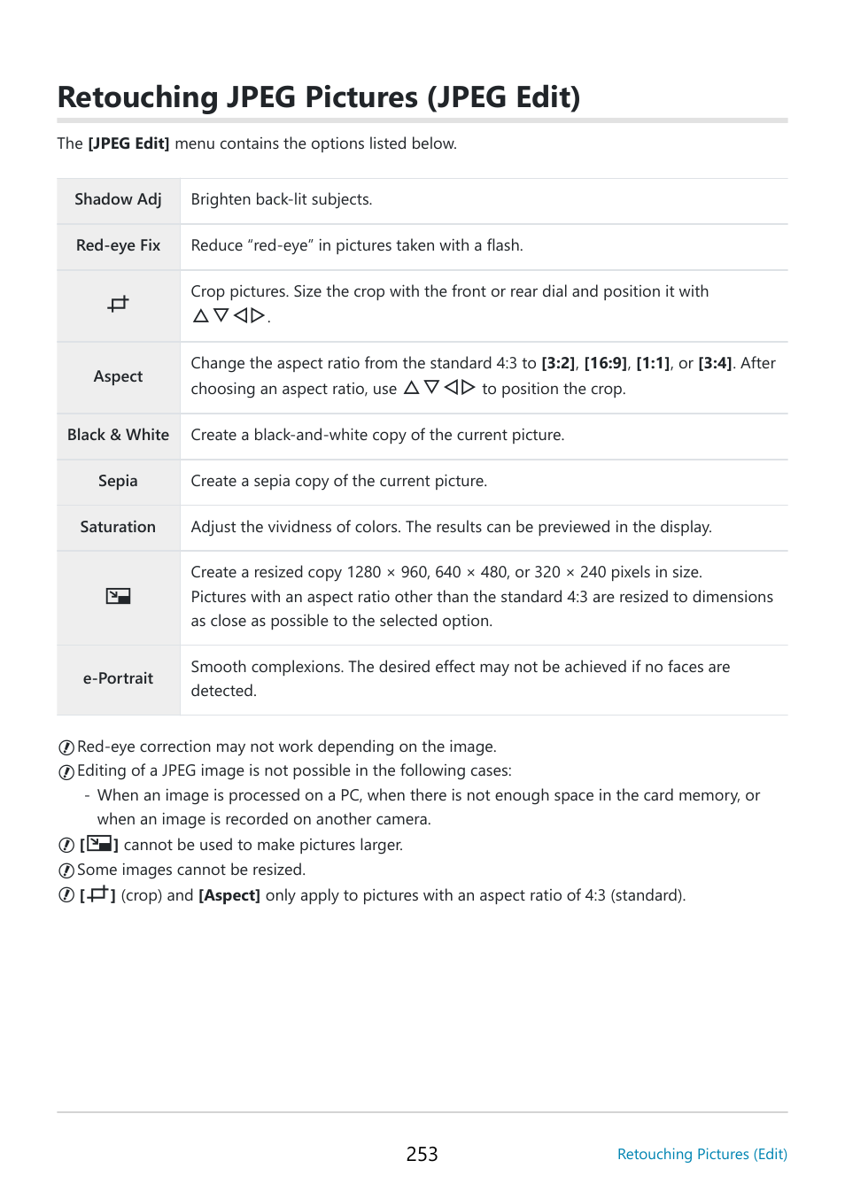 Retouching jpeg pictures (jpeg edit), P. 253 | OM SYSTEM OM-5 Mirrorless Camera with 12-45mm f/4 PRO Lens (Silver) User Manual | Page 253 / 467