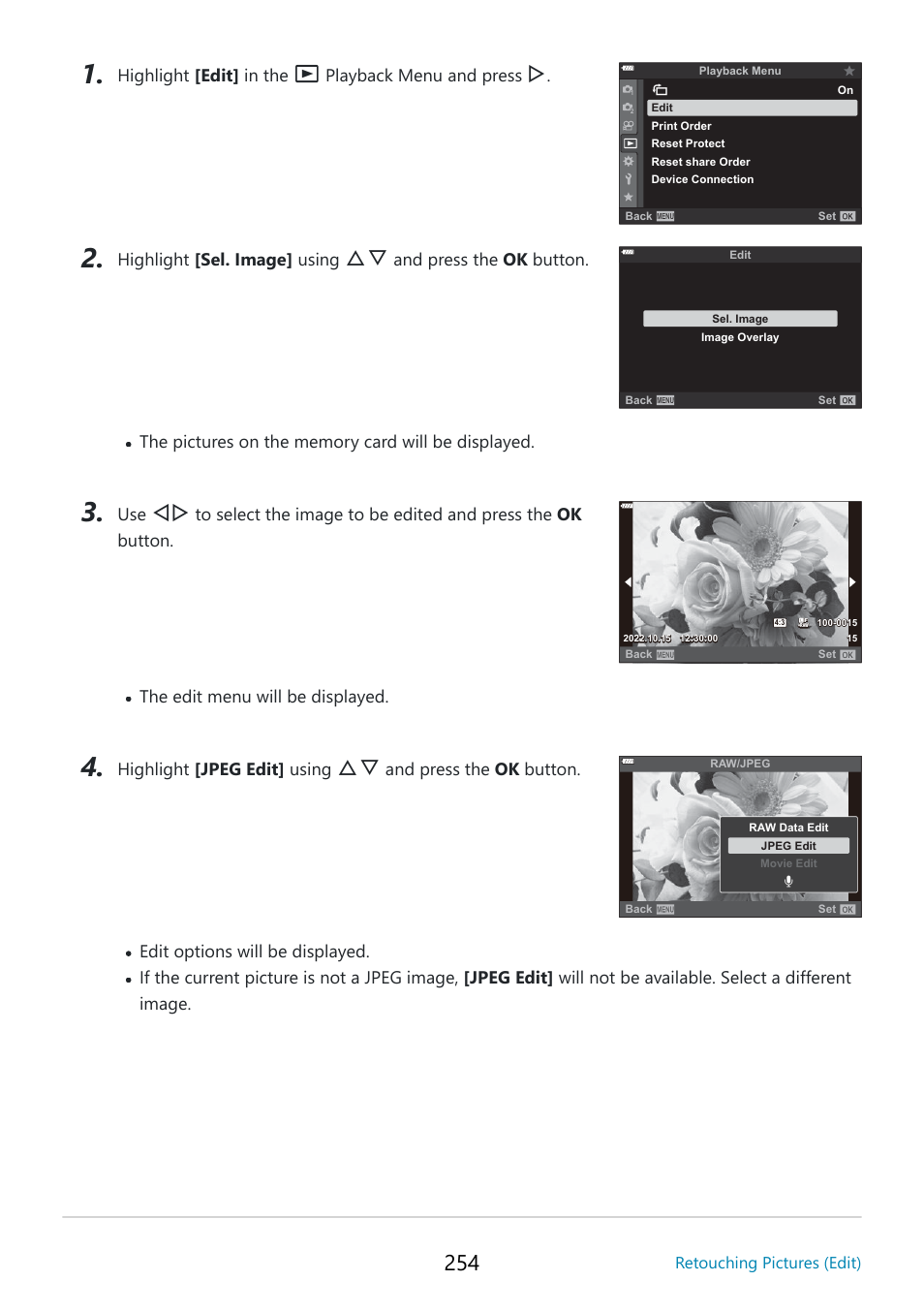 Highlight [edit] in the, Playback menu and press, Highlight [sel. image] using | And press the ok button, Highlight [jpeg edit] using | OM SYSTEM OM-5 Mirrorless Camera with 12-45mm f/4 PRO Lens (Silver) User Manual | Page 254 / 467