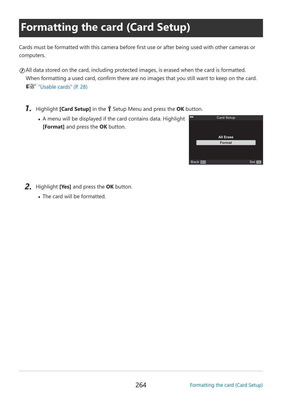 Formatting the card (card setup), E all images, P. 264 | OM SYSTEM OM-5 Mirrorless Camera with 12-45mm f/4 PRO Lens (Silver) User Manual | Page 264 / 467