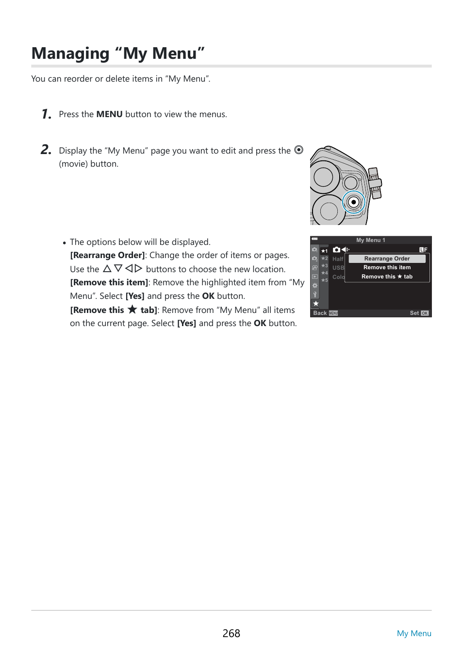 Managing “my menu, Fghi | OM SYSTEM OM-5 Mirrorless Camera with 12-45mm f/4 PRO Lens (Silver) User Manual | Page 268 / 467