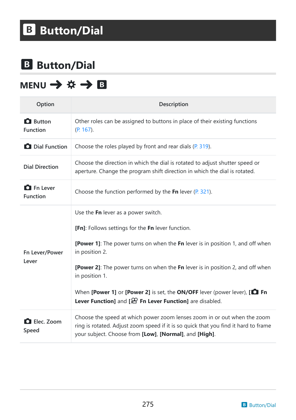 Button/dial, P. 275, Custom menu | Lever/power lever] (p. 275), Fn lever function] (p. 275), Function] (p. 275), Fn lever/power lever] in, P. 275), Button/dial (p. 275), Menu | OM SYSTEM OM-5 Mirrorless Camera with 12-45mm f/4 PRO Lens (Silver) User Manual | Page 275 / 467