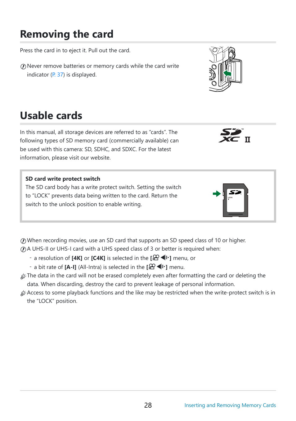 Removing the card, Usable cards, Removing the card usable cards | OM SYSTEM OM-5 Mirrorless Camera with 12-45mm f/4 PRO Lens (Silver) User Manual | Page 28 / 467