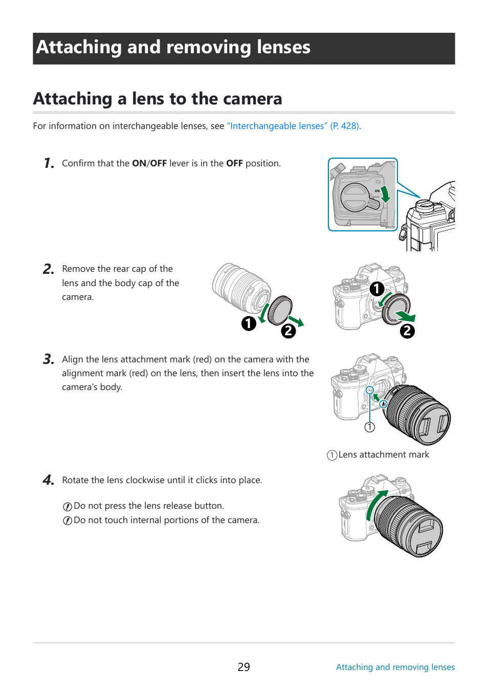 Attaching and removing lenses, Attaching a lens to the camera, Lens attachment mark | P. 29 | OM SYSTEM OM-5 Mirrorless Camera with 12-45mm f/4 PRO Lens (Silver) User Manual | Page 29 / 467