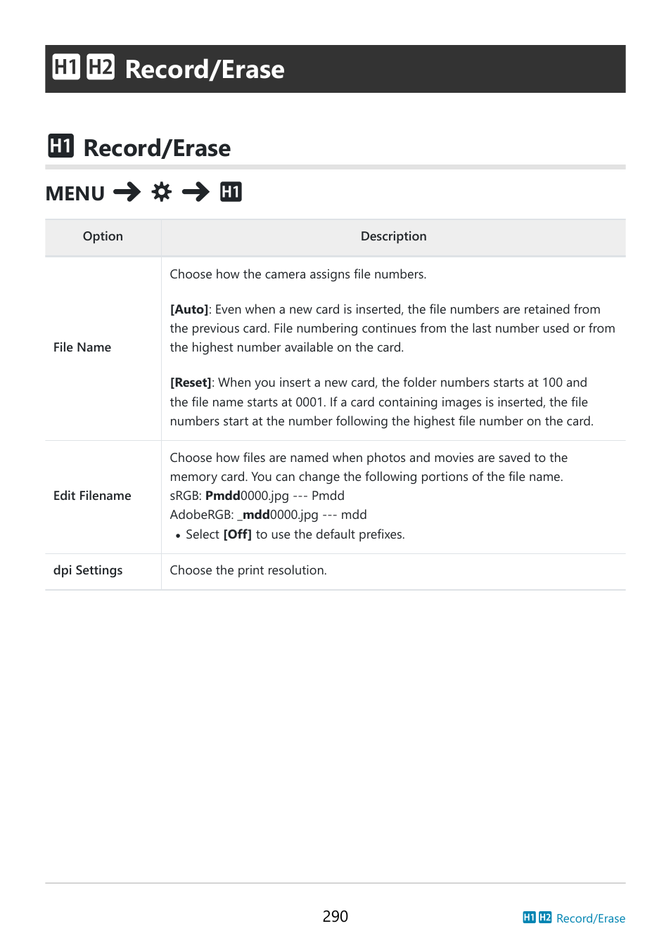 Record/erase, Custom menu, File name | P. 290), Record/erase (p. 290) | OM SYSTEM OM-5 Mirrorless Camera with 12-45mm f/4 PRO Lens (Silver) User Manual | Page 290 / 467