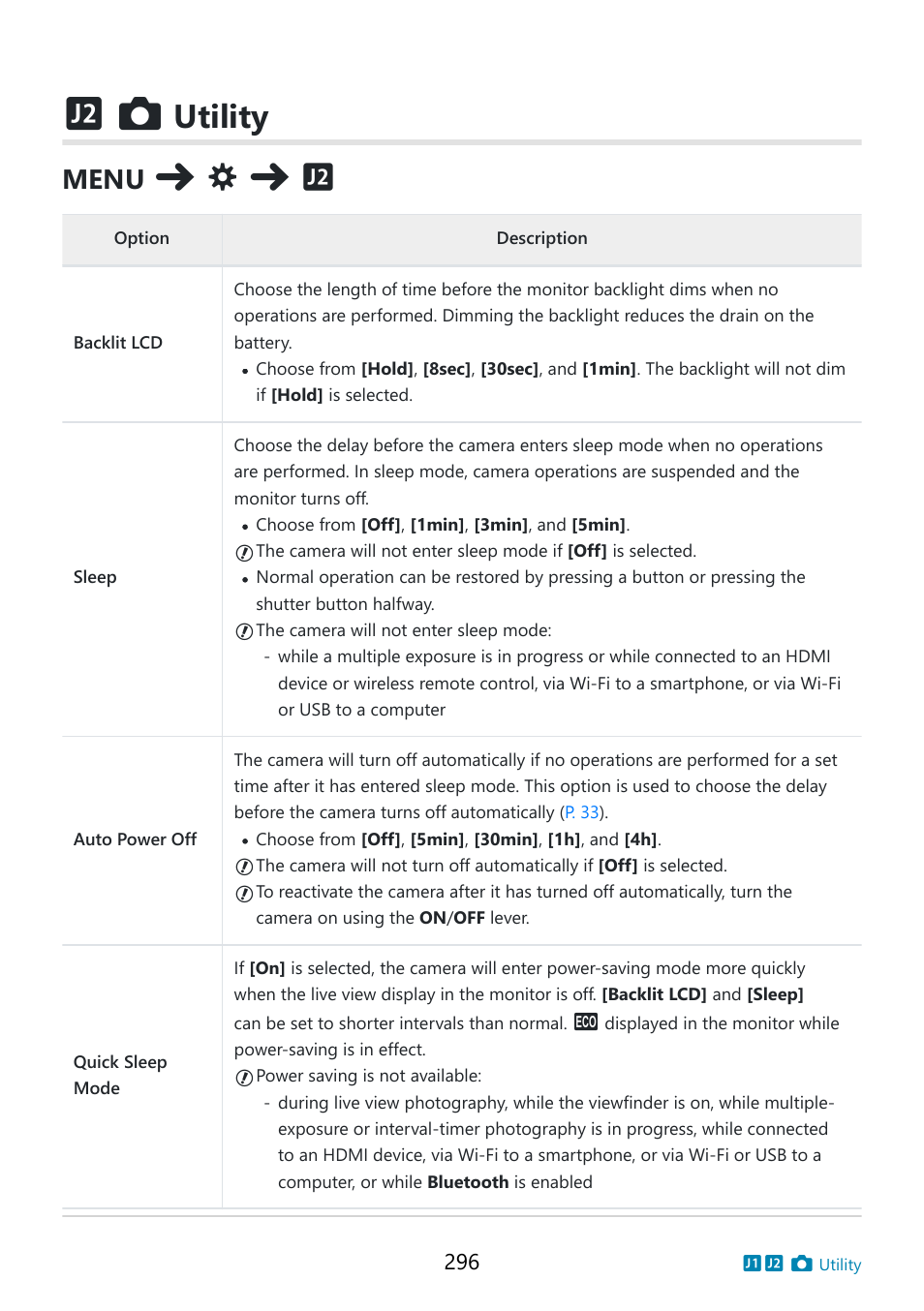 Utility, Custom menu, Sleep] , [auto power off] (p. 296) | Menu | OM SYSTEM OM-5 Mirrorless Camera with 12-45mm f/4 PRO Lens (Silver) User Manual | Page 296 / 467