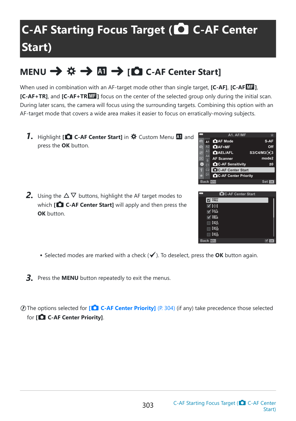 C‑af starting focus target, C‑af center start), Custom menu | C-af center, Start] (p. 303), Menu, C-af center start | OM SYSTEM OM-5 Mirrorless Camera with 12-45mm f/4 PRO Lens (Silver) User Manual | Page 303 / 467