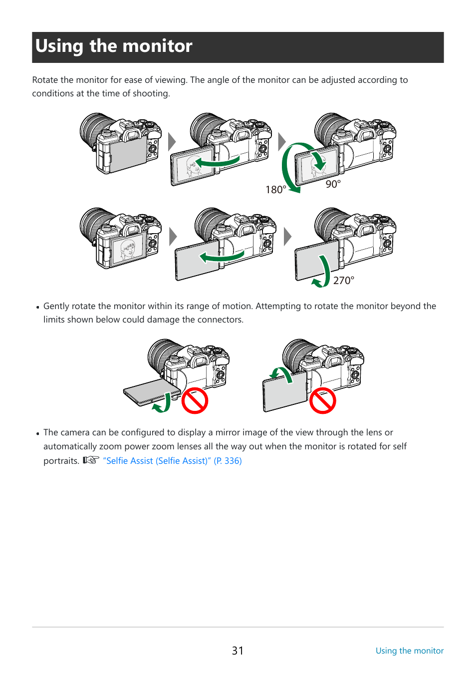 Using the monitor | OM SYSTEM OM-5 Mirrorless Camera with 12-45mm f/4 PRO Lens (Silver) User Manual | Page 31 / 467