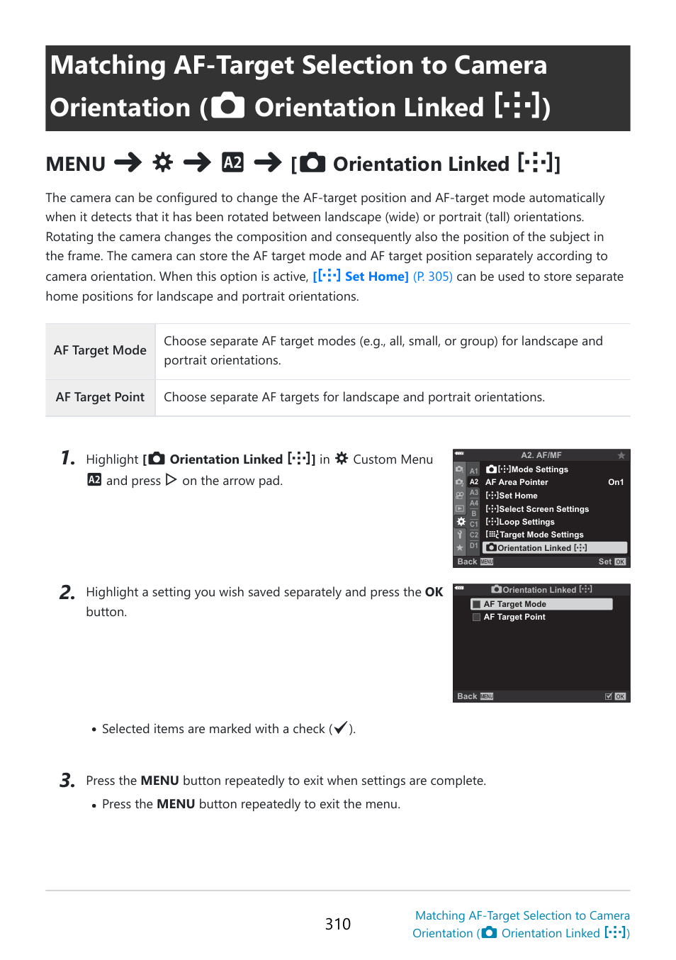 Matching af-target selection to camera orientation, Orientation linked, Custom | Menu, P. 310), Custom menu, Trait (“tall”) orientations, P. 310 | OM SYSTEM OM-5 Mirrorless Camera with 12-45mm f/4 PRO Lens (Silver) User Manual | Page 310 / 467