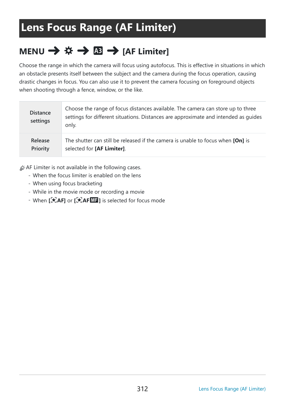 Lens focus range (af limiter), Af limiter] (p. 312), P. 312 | Menu, Af limiter | OM SYSTEM OM-5 Mirrorless Camera with 12-45mm f/4 PRO Lens (Silver) User Manual | Page 312 / 467