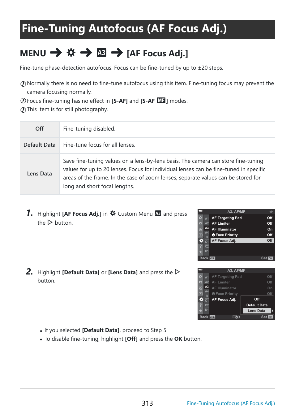 Fine-tuning autofocus (af focus adj.), Custom menu, Af focus adj | P. 313), Menu | OM SYSTEM OM-5 Mirrorless Camera with 12-45mm f/4 PRO Lens (Silver) User Manual | Page 313 / 467