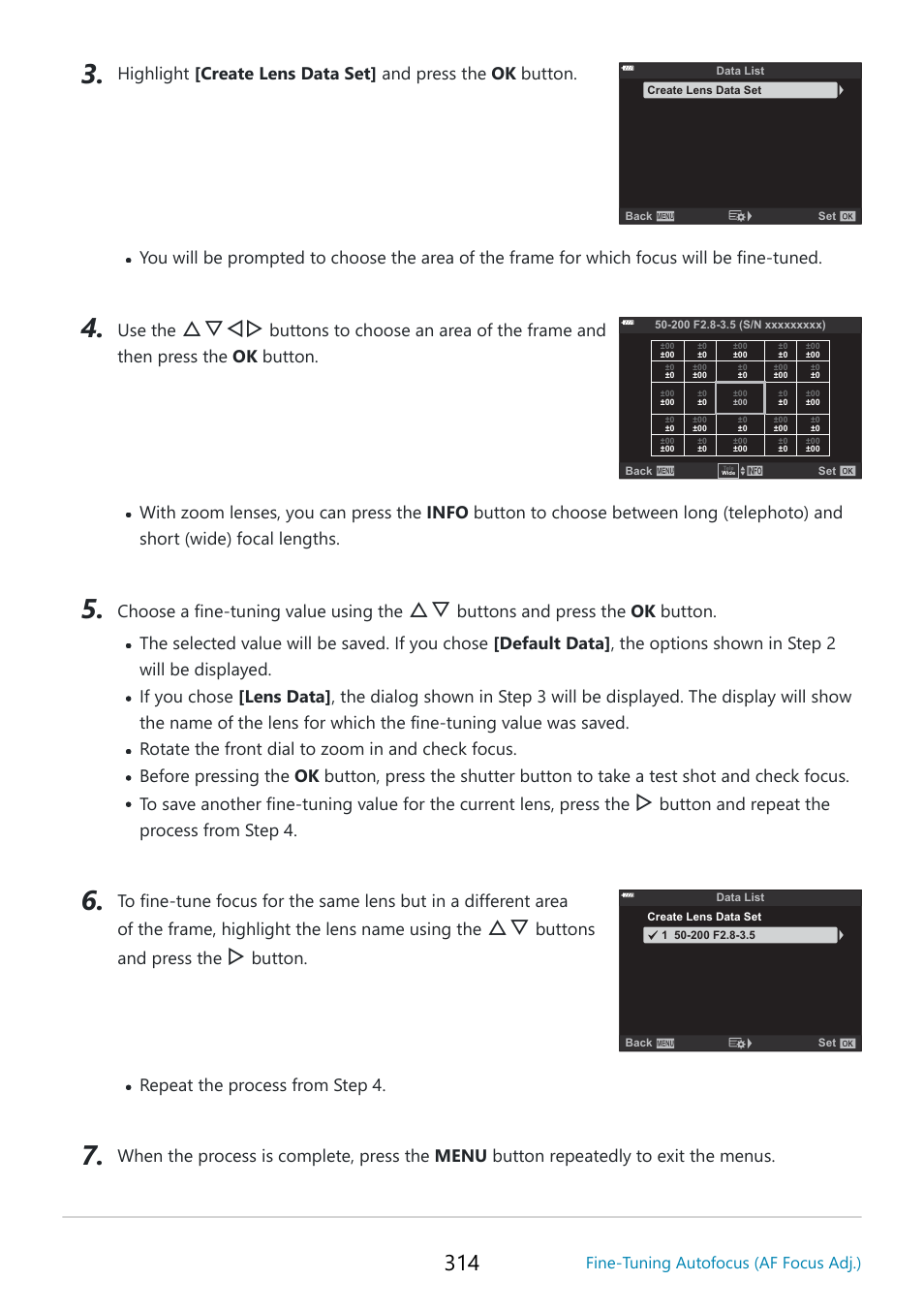 Fghi, Use the, Buttons and press the | Button, Fine-tuning autofocus (af focus adj.) | OM SYSTEM OM-5 Mirrorless Camera with 12-45mm f/4 PRO Lens (Silver) User Manual | Page 314 / 467