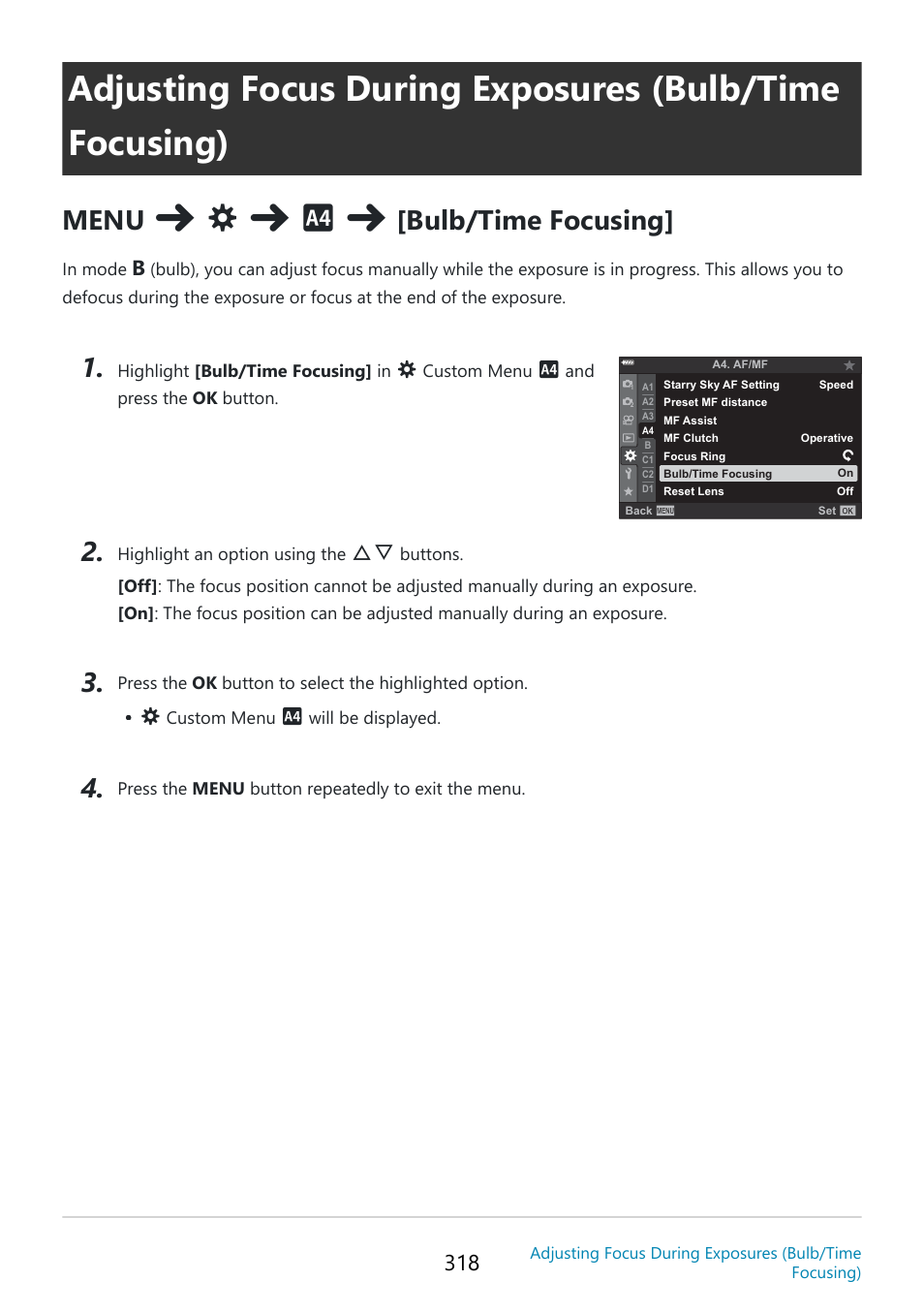 Custom menu, Bulb/time focusing] (p. 318), P. 318 | Menu, Bulb/time focusing | OM SYSTEM OM-5 Mirrorless Camera with 12-45mm f/4 PRO Lens (Silver) User Manual | Page 318 / 467