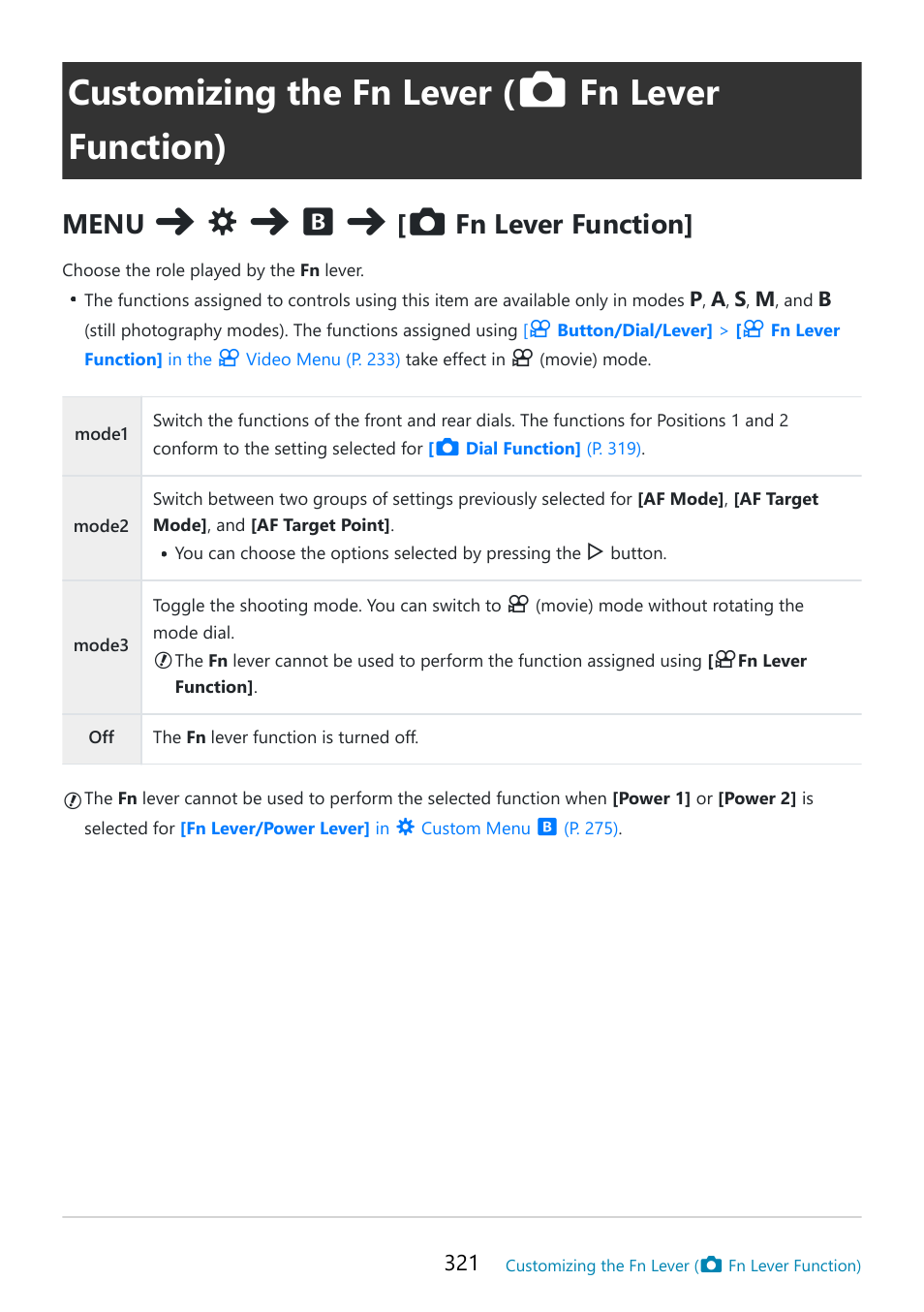 Customizing the fn lever, Fn lever function), P. 321 | Fn lever function)” (p. 321), Fn lever function] item in, Custom, Menu, P. 321), Fn lever function] (p. 321), As w | OM SYSTEM OM-5 Mirrorless Camera with 12-45mm f/4 PRO Lens (Silver) User Manual | Page 321 / 467