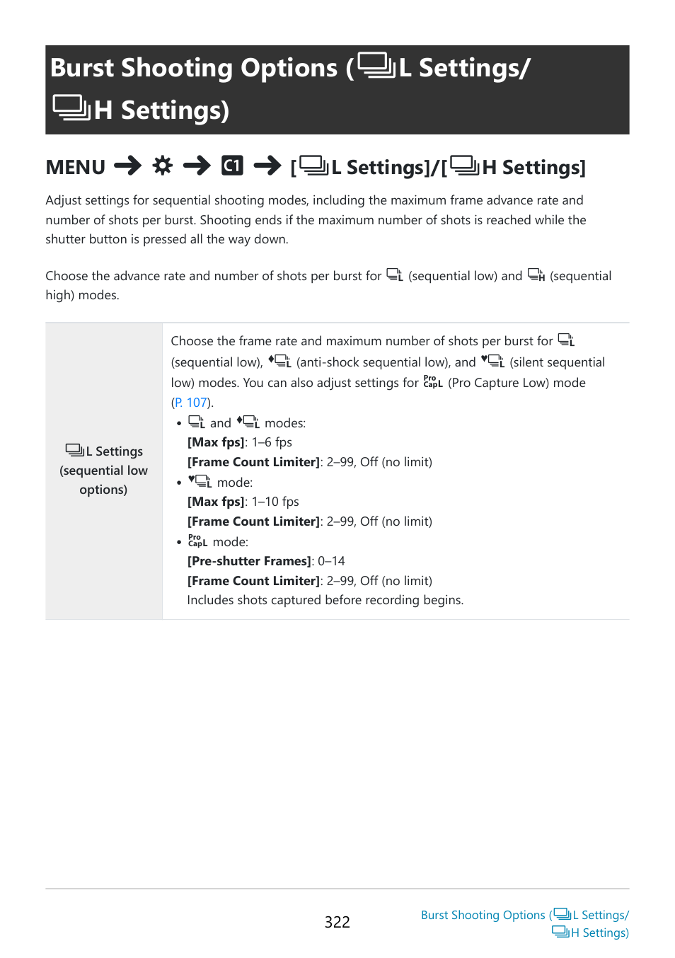 Burst shooting options, L settings, H settings) | P. 322, Focus and, H settings)” (p. 322), E maximums, Menu, H settings | OM SYSTEM OM-5 Mirrorless Camera with 12-45mm f/4 PRO Lens (Silver) User Manual | Page 322 / 467