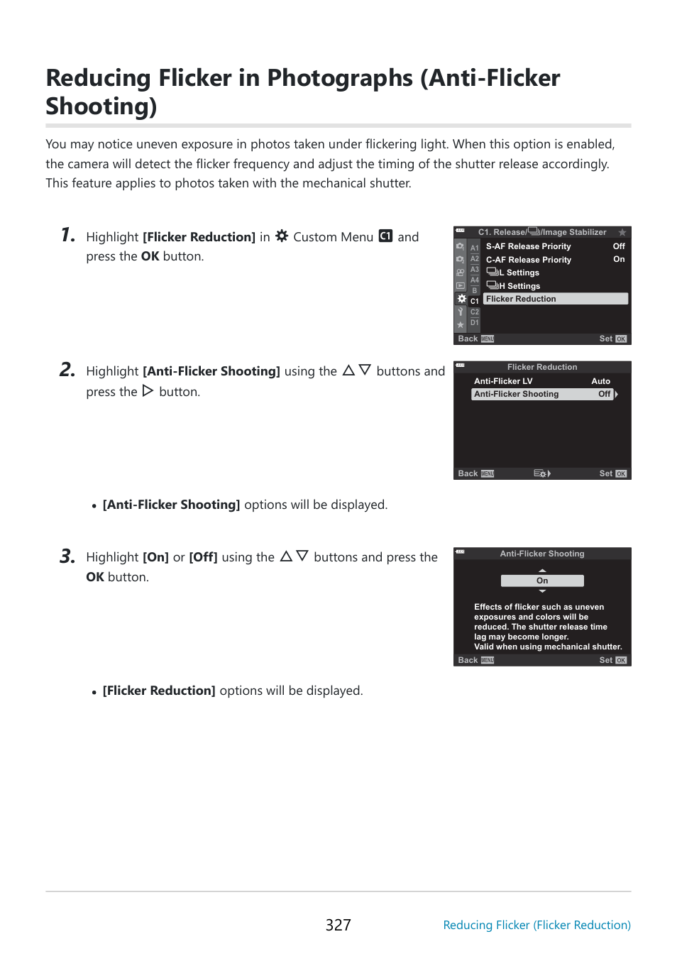 Reducing flicker in photographs (anti-flicker, Shooting)” (p. 327) | OM SYSTEM OM-5 Mirrorless Camera with 12-45mm f/4 PRO Lens (Silver) User Manual | Page 327 / 467