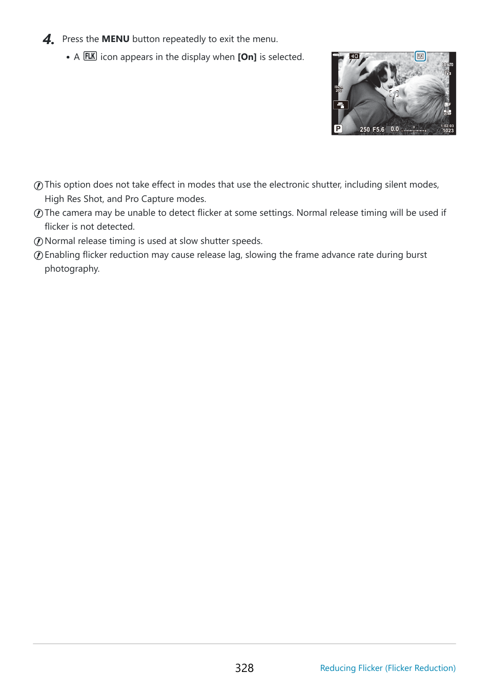 Cc c, Icon appears in the display when [on] is selected, Reducing flicker (flicker reduction) | OM SYSTEM OM-5 Mirrorless Camera with 12-45mm f/4 PRO Lens (Silver) User Manual | Page 328 / 467