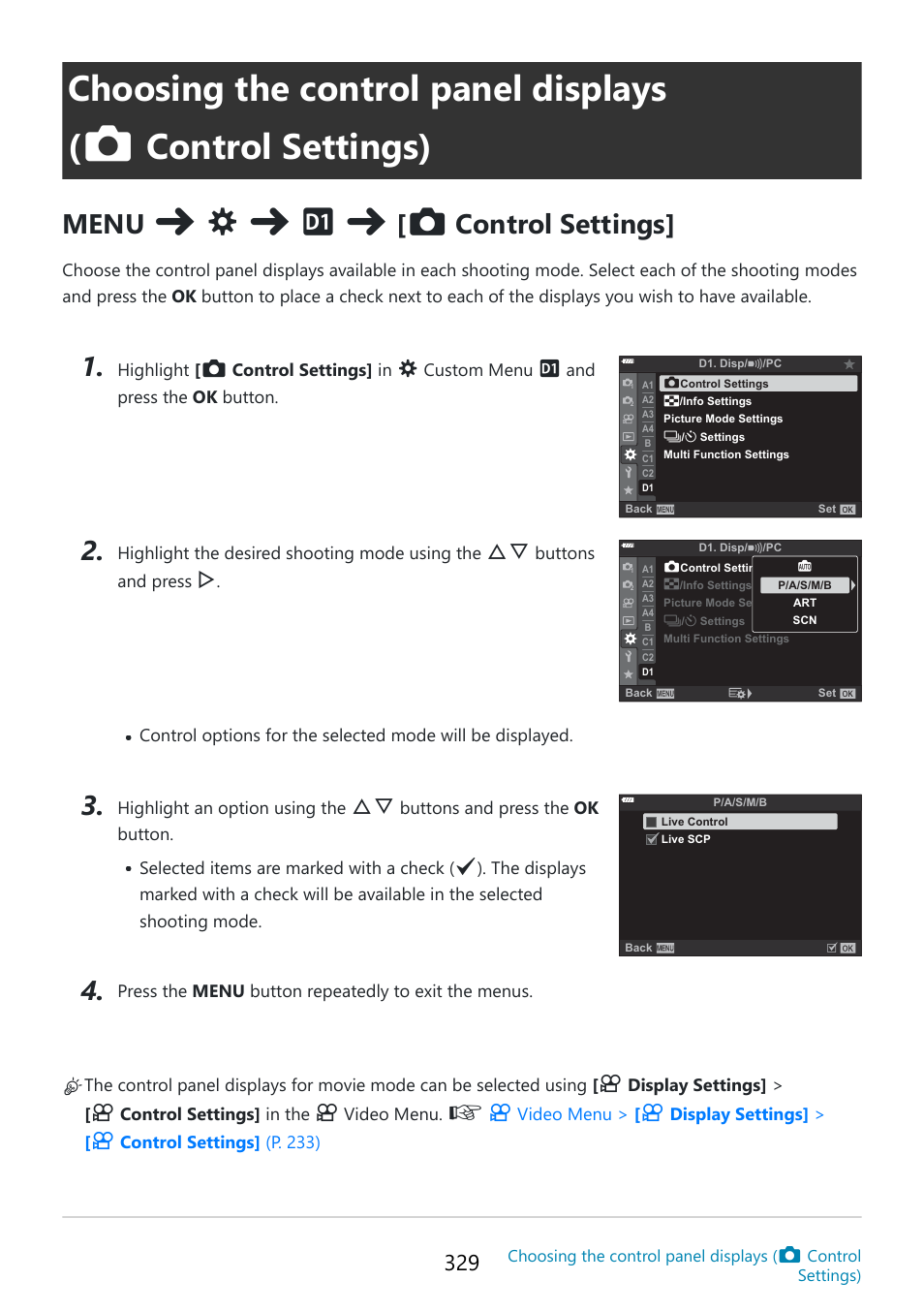 Choosing the control panel displays, Control settings), Menu | Control settings | OM SYSTEM OM-5 Mirrorless Camera with 12-45mm f/4 PRO Lens (Silver) User Manual | Page 329 / 467