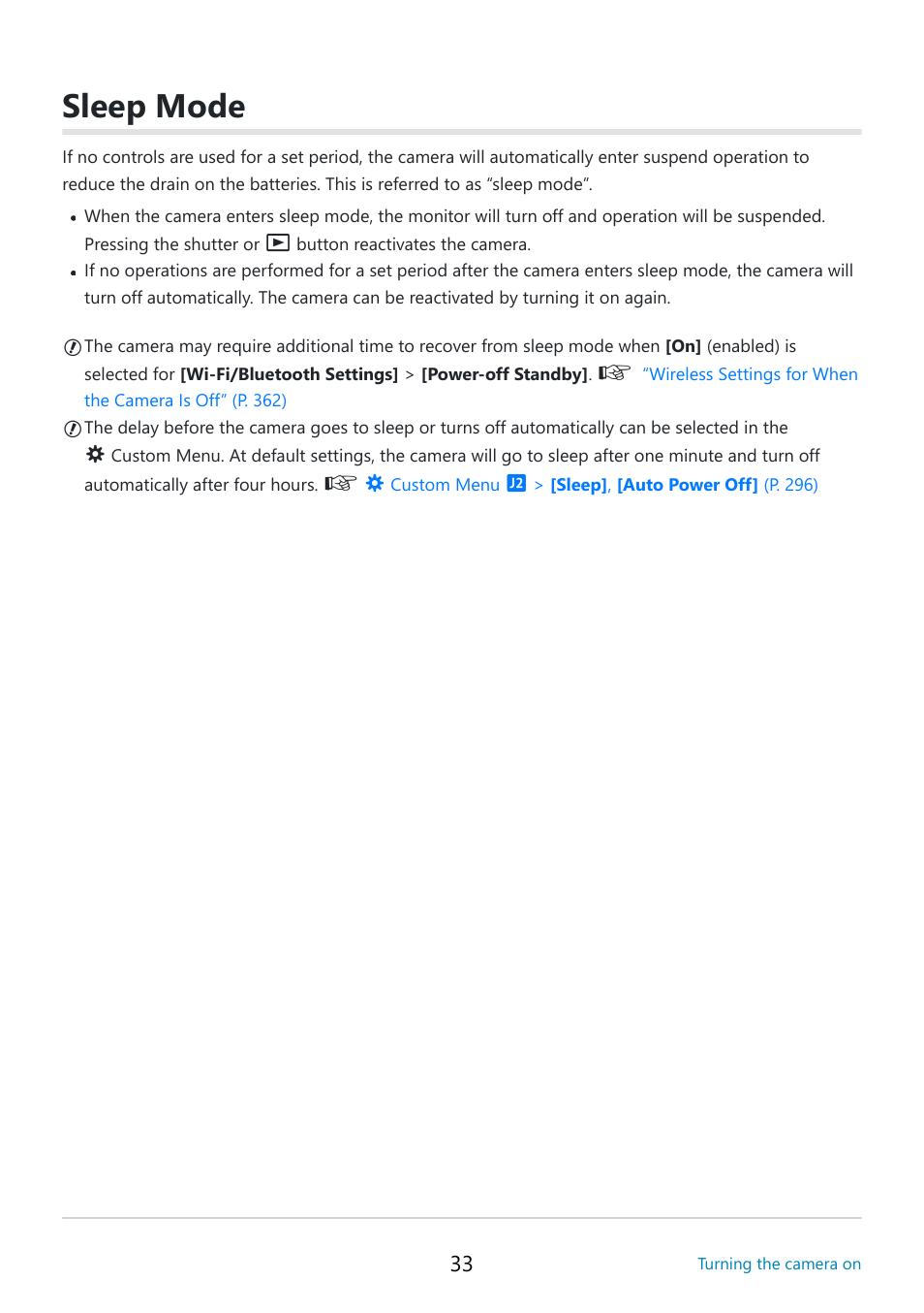 Sleep mode | OM SYSTEM OM-5 Mirrorless Camera with 12-45mm f/4 PRO Lens (Silver) User Manual | Page 33 / 467